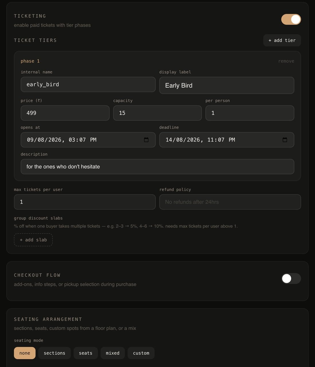 comeoffline ops console — event editor with ticket tiers, early-bird phases, group discount slabs, checkout flow and seating modes