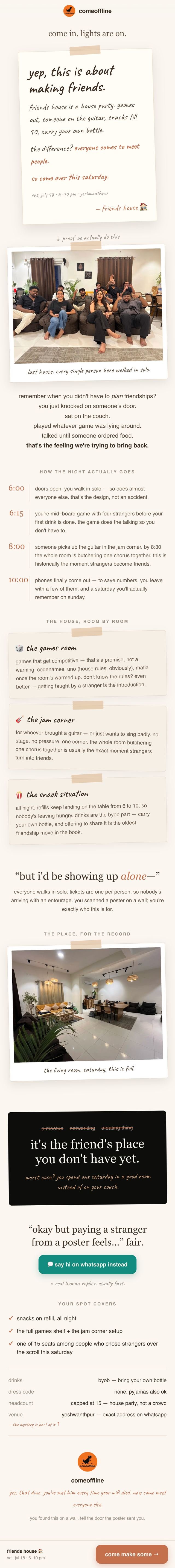 The complete comeoffline poster page, top to bottom
