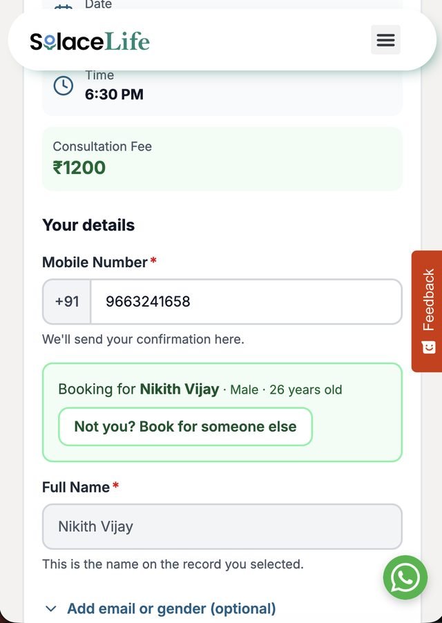 Booking engine embedded on the clinic website — phone number auto-fills the patient's details