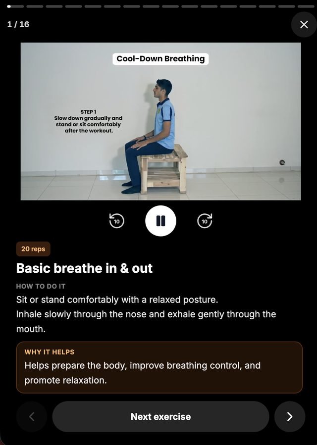 Patient portal exercise coaching — guided video, reps, how to do it, why it helps