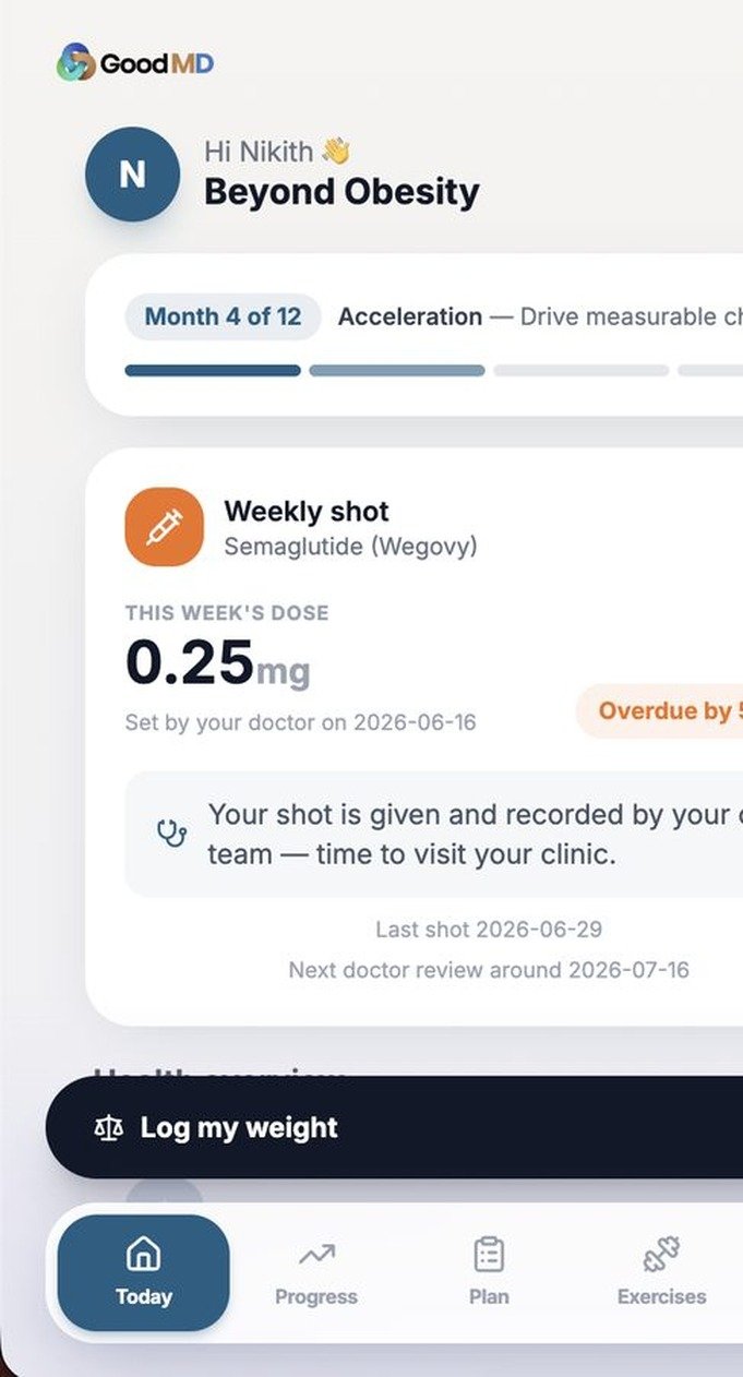 ELTH patient portal on a phone: the Beyond Obesity care program, month 4 of 12, with this week's dose