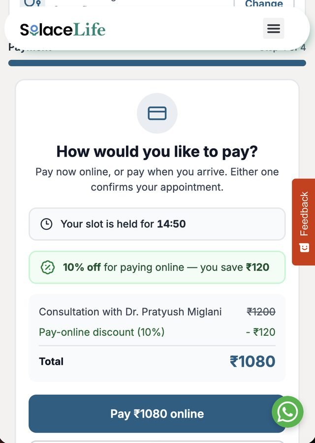 Booking payment step — 10% off for paying online, slot held for 15 minutes