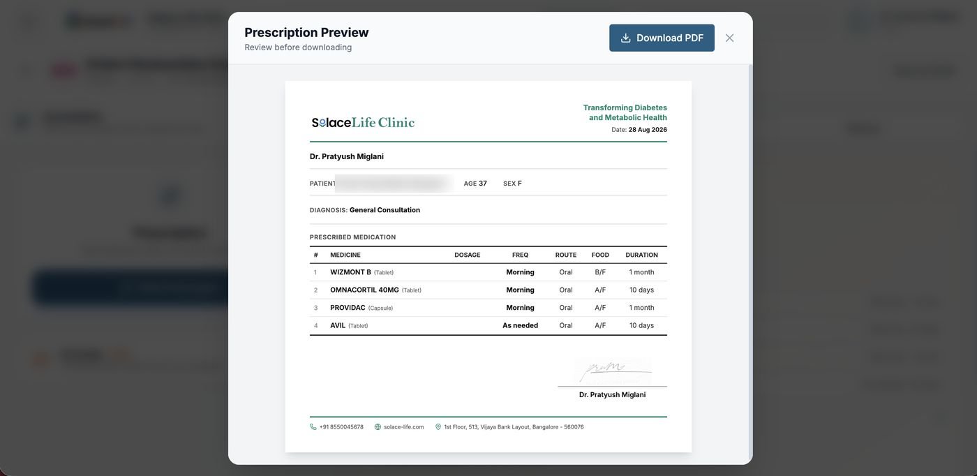 Prescription preview — clinic-branded PDF that goes to the patient on WhatsApp
