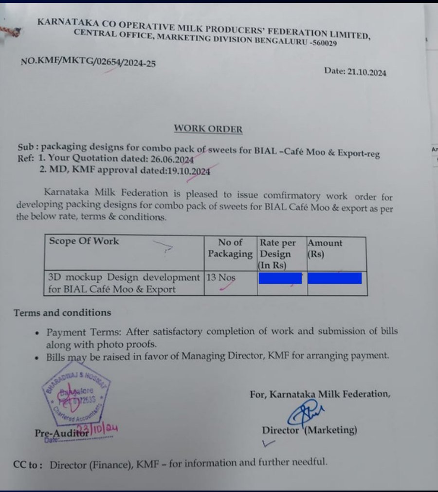 Karnataka Milk Federation work order for packaging designs for combo pack of sweets for BIAL Café Moo and export — 13 designs, October 2024