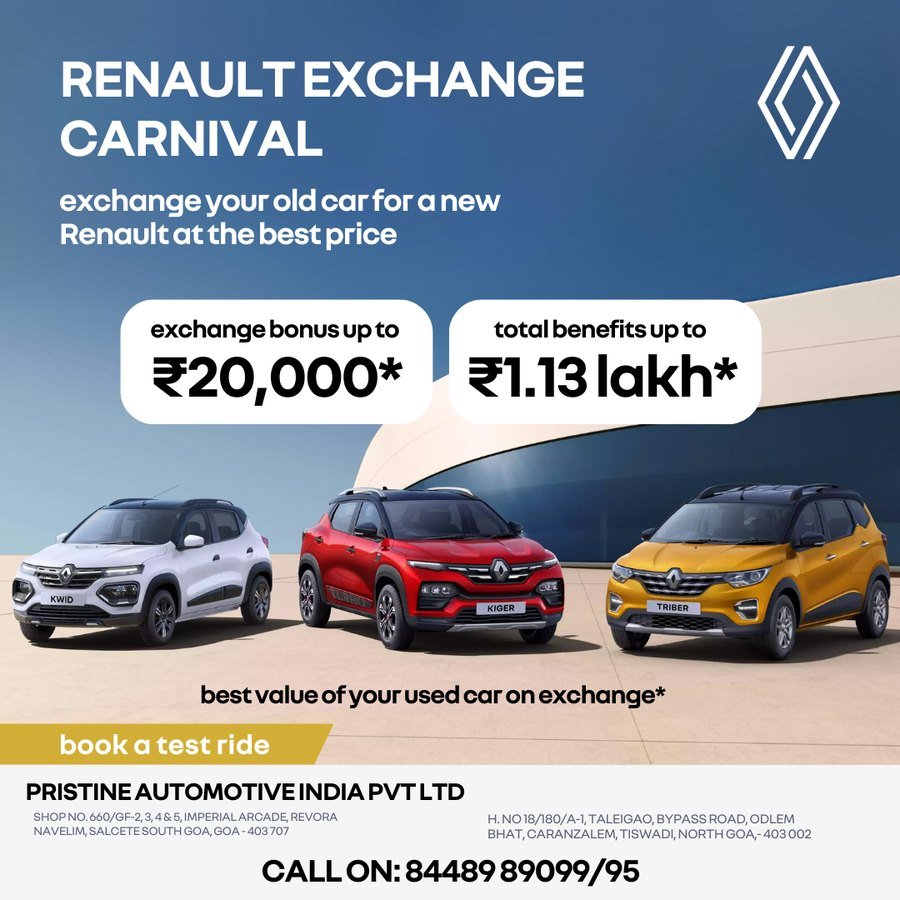 Renault Exchange Carnival Instagram post — exchange bonus up to ₹20,000, total benefits up to ₹1.13 lakh