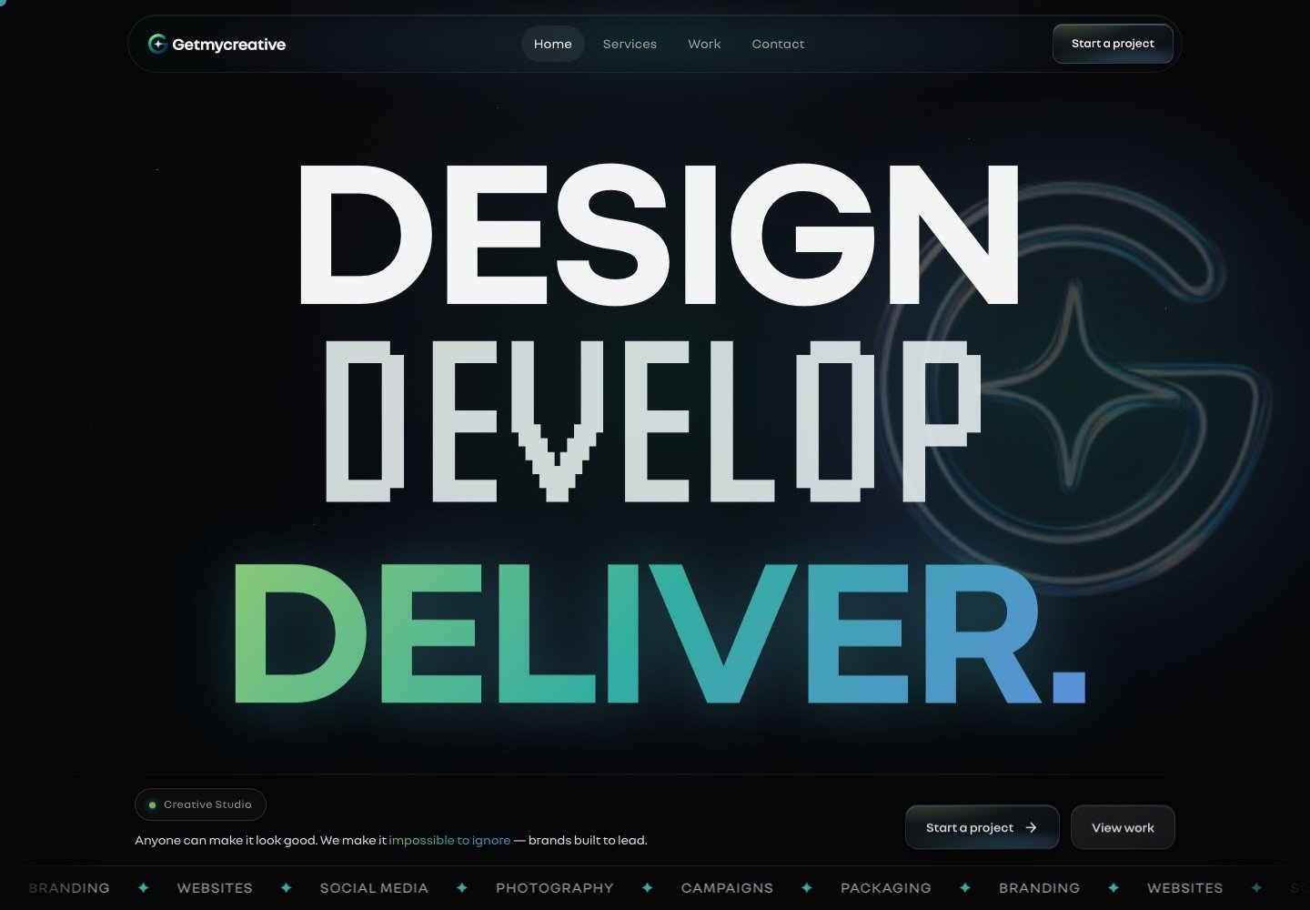 The GetMyCreative studio website, live: Design, Develop, Deliver — brands built to lead