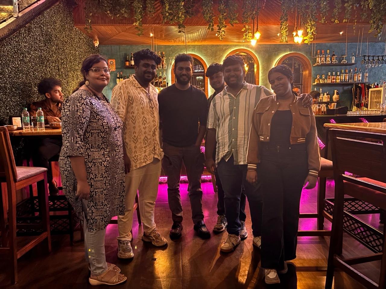 The team out for a wrap-night dinner in Bangalore