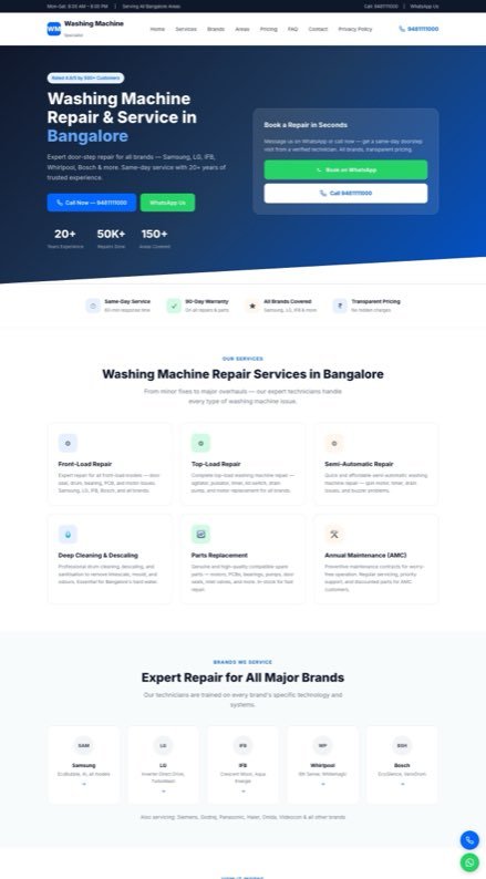 Full page of washingmachinespecialist.com, live