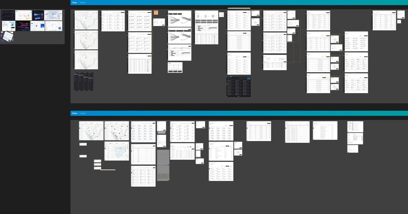 The full N-Smart V1 wireframe board — two labelled tracks, Tools and Poles, with dozens of numbered greyscale frames wired together by prototype links