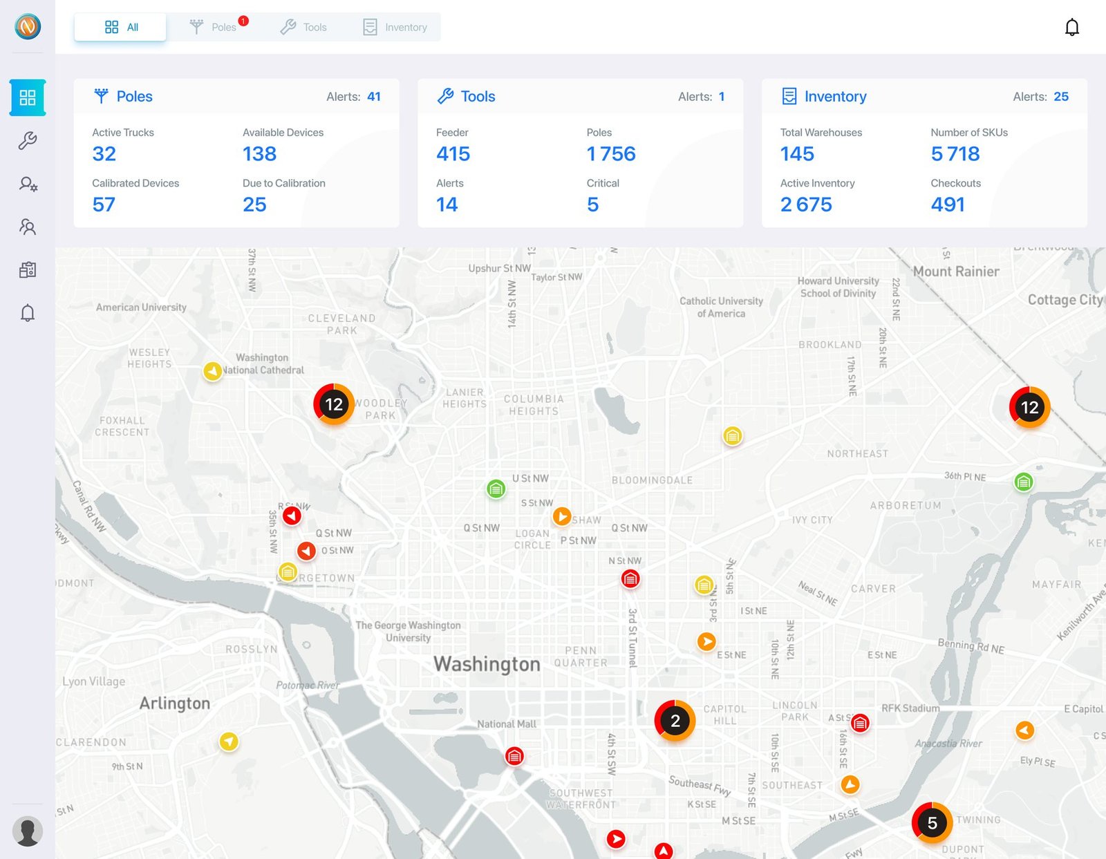 N-Smart V1 roll-up dashboard — poles, tools and inventory alert counts above one live map of Washington DC