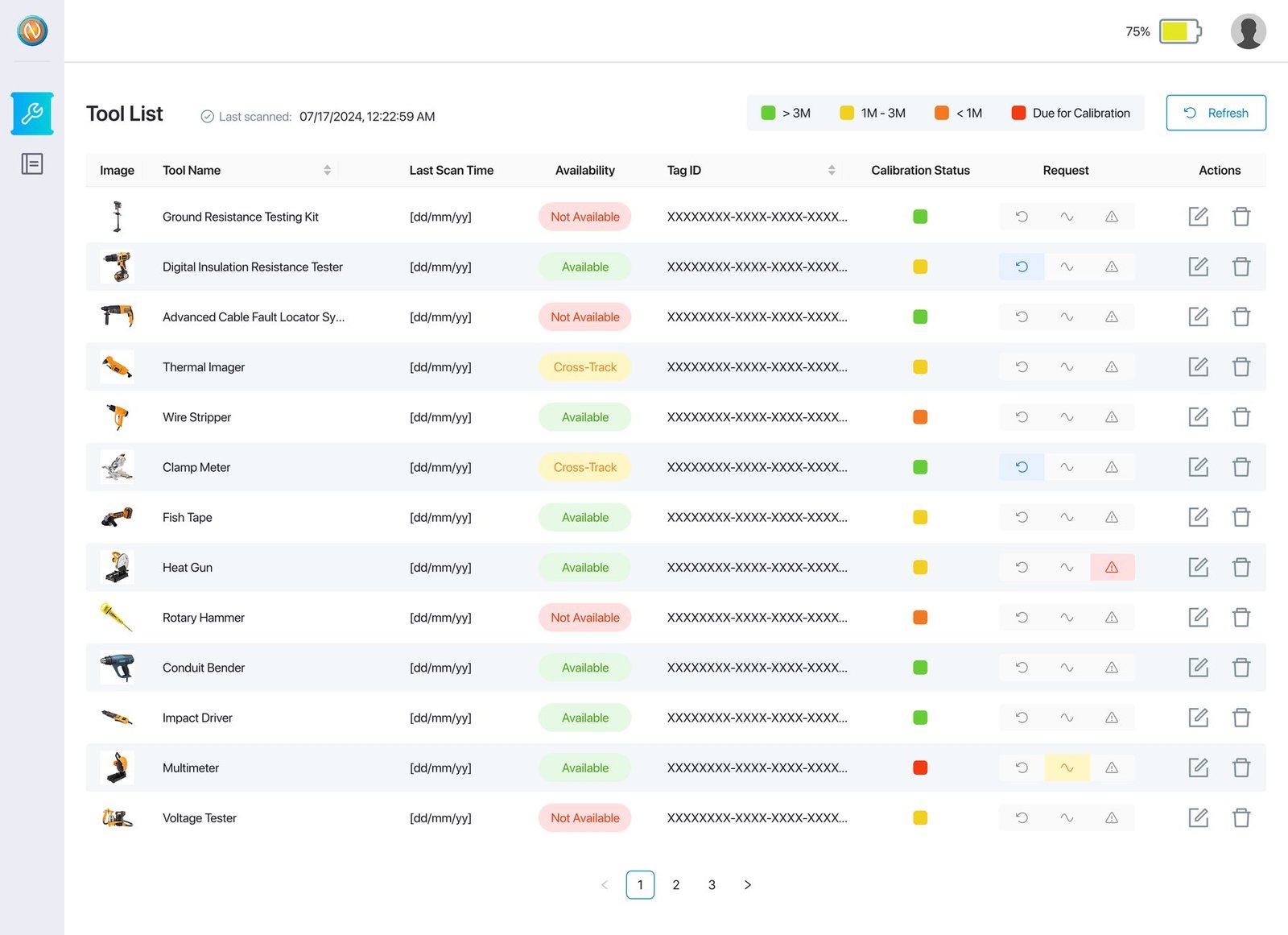 Tool list — each tool with last scan time, availability, tag ID and a calibration traffic light, with request actions per row