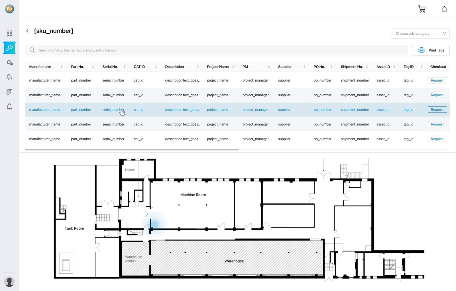 Warehouse detail — a searchable SKU table above an architectural floor plan with a live indoor position marker