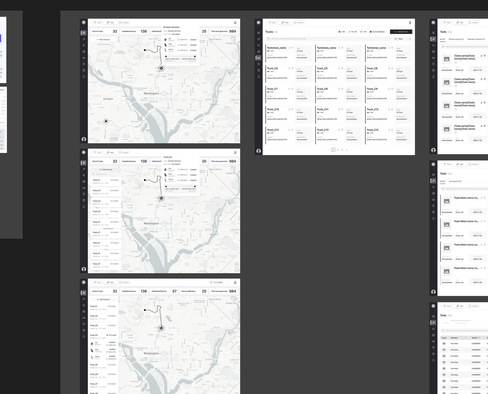 A close crop of the wireframe board showing tool list screens in card and table form, connected by yellow prototype links, beside truck-tracking map frames