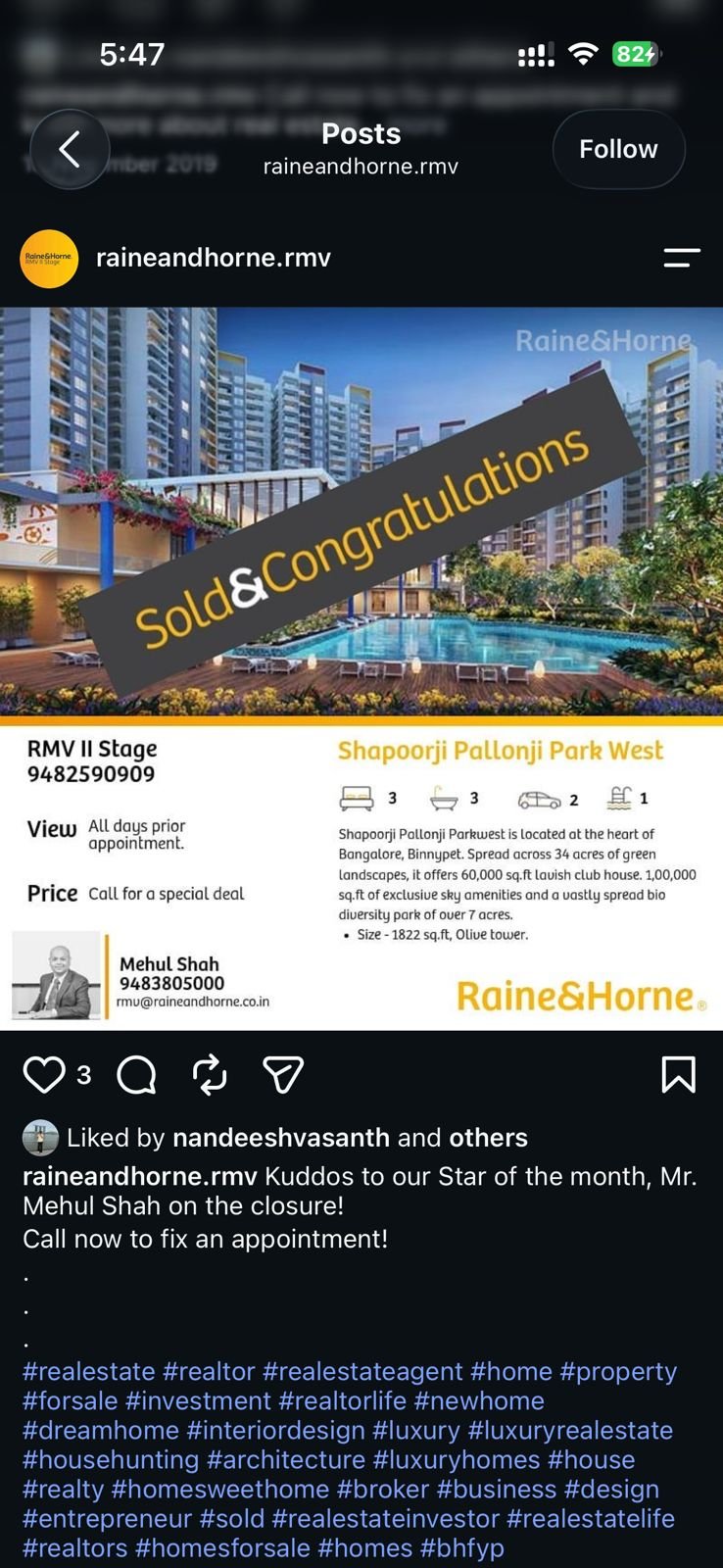 A 'Sold & Congratulations' listing post on the Raine and Horne RMV II Stage Instagram, 2019