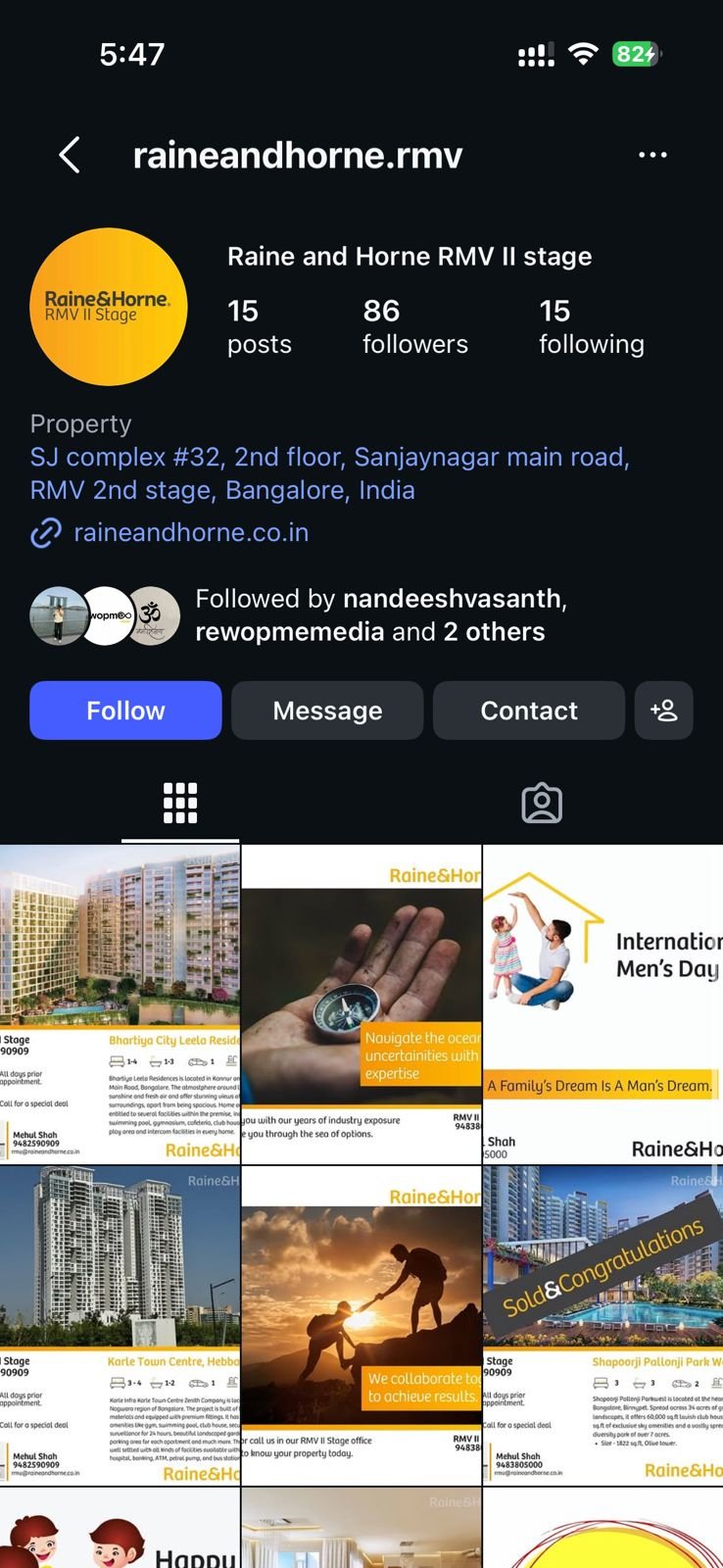 Instagram profile of Raine and Horne RMV II Stage — one of the three Bangalore franchises we ran, followed by rewopmemedia