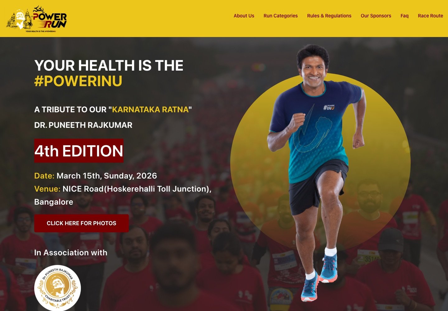 nammapowerrun.com — 4th edition, March 2026, tribute run for Dr. Puneeth Rajkumar
