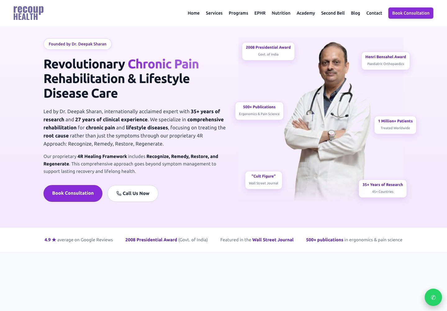 recoup.health — chronic pain rehabilitation and lifestyle disease care, led by Dr. Deepak Sharan