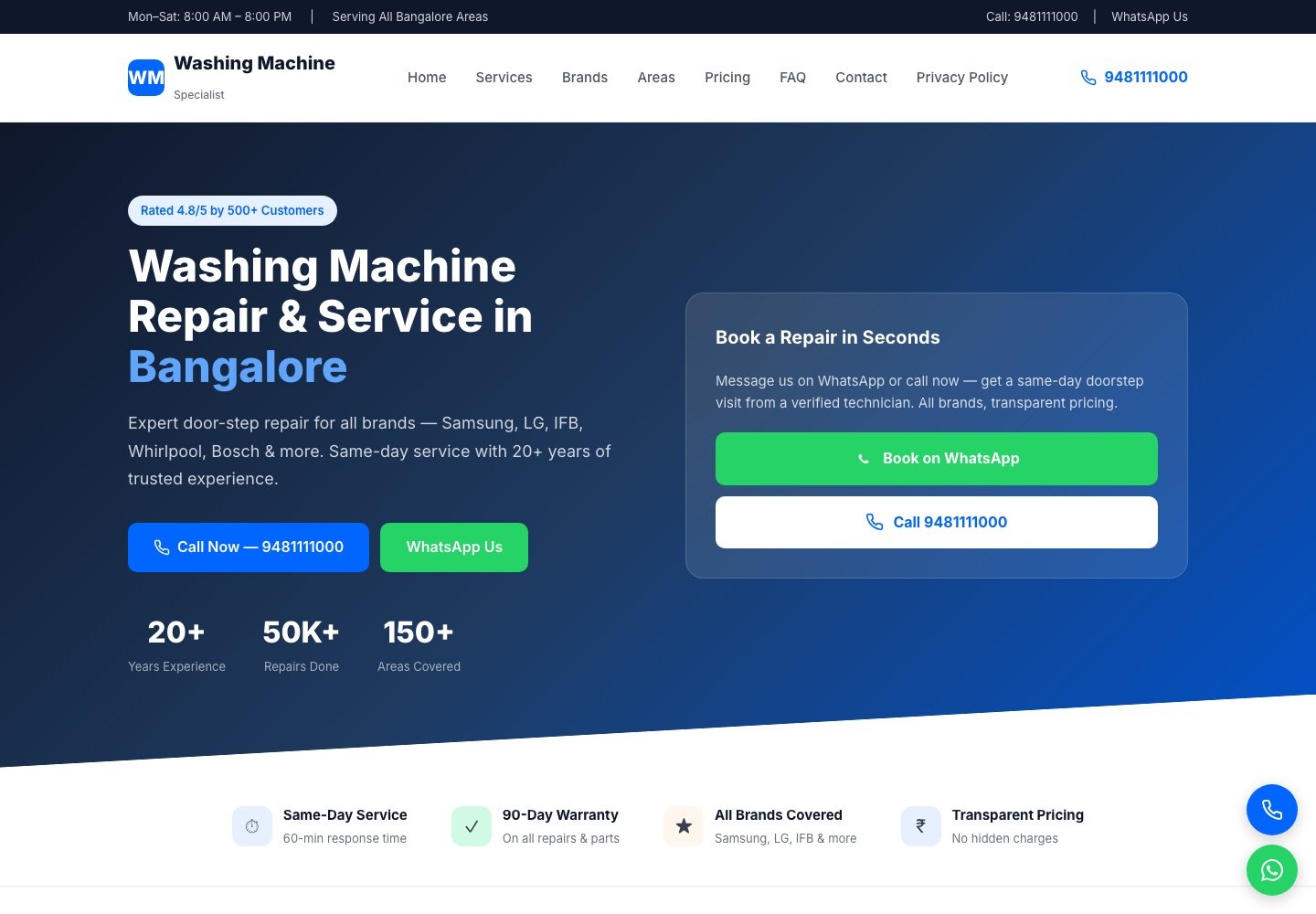 washingmachinespecialist.com — washing machine repair and service in Bangalore, book on WhatsApp